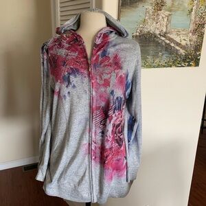 Style&Co grey zip front hoodie with pretty pink flowers and sequins